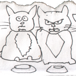 Tommy, Fritz and our visitor: the little lost kitten we named biscuit until his owner reclaimed him.. cartoons can capture character better than 'proper' drawings sometimes